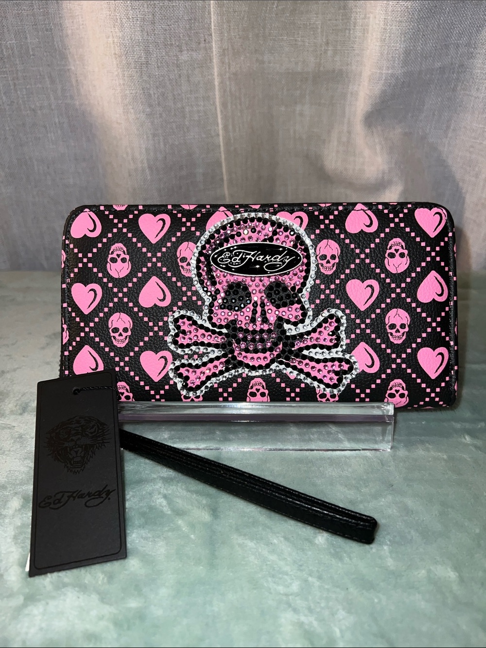Ed Hardy Pink Skull & Heart Zip-Around Wallet